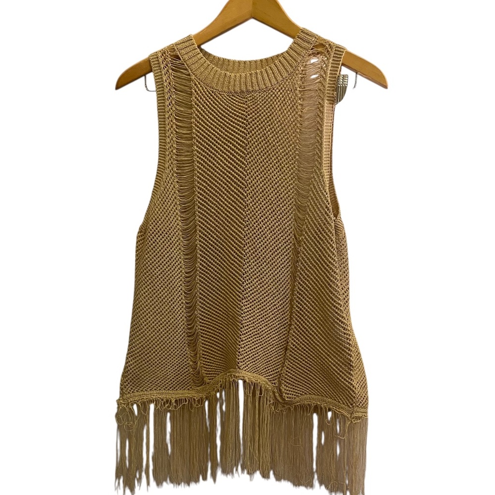 Women’s Festival Fringe Distressed Ladder Knit Mesh Tank in Beige Sz L